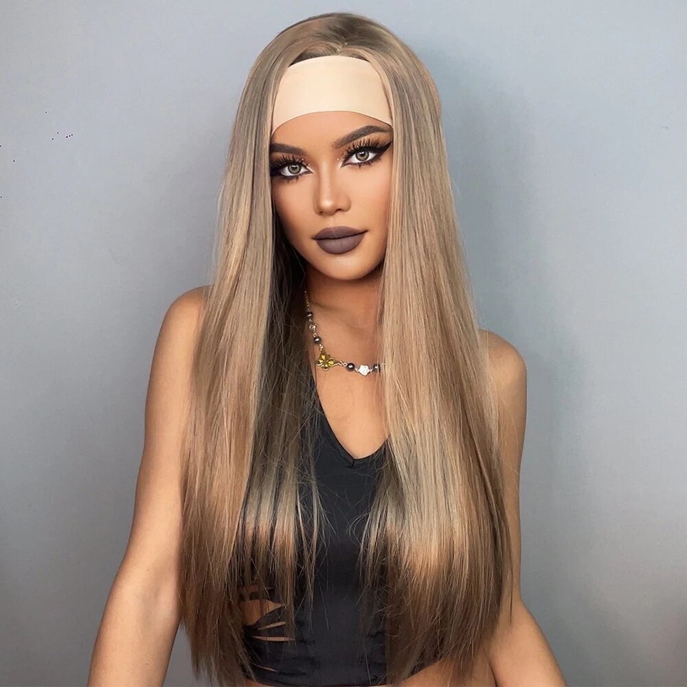 Long Straight Brown Blonde Synthetic Headband Wigs for Black Women Highlight Golden Hair Wigs Daily Cosplay Heat Resistant