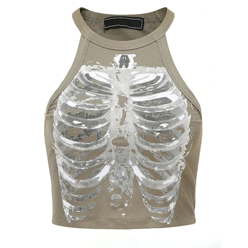 Gothic women's top retro women's Y2K T-shirt vest skull print Grunge women's fashion casual cut top EMO