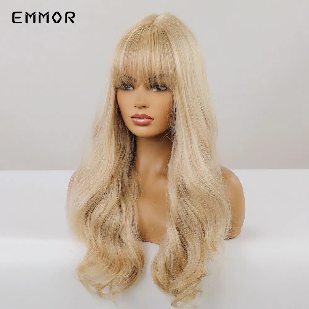 Emmor Synthetic Long Light Blonde Natural Wave Hair Wigs with Bangs High Temperature Fluffy Cosplay Daily Wig for Women