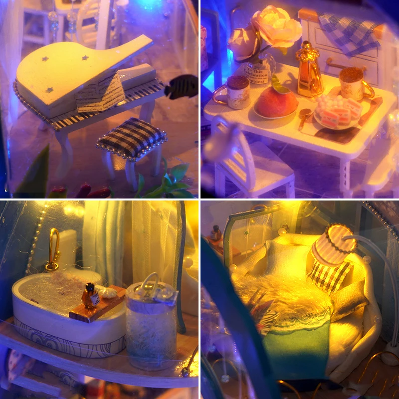 DIY Miniature Wooden Dollhouse Kit with Furniture Upgrade Blue Ocean Room Casa Doll House for Children Adult Christmas Gifts