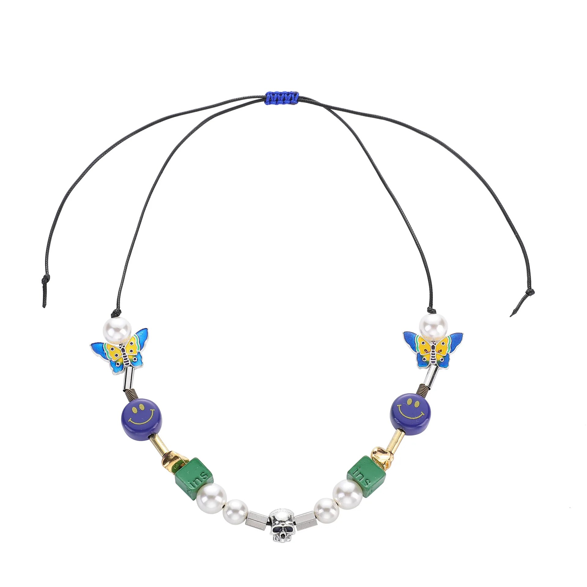 Fashion Blue Dice Skull Necklace Street Christmas Butterfly Round Bead Couple Necklace Gift Hot Sale