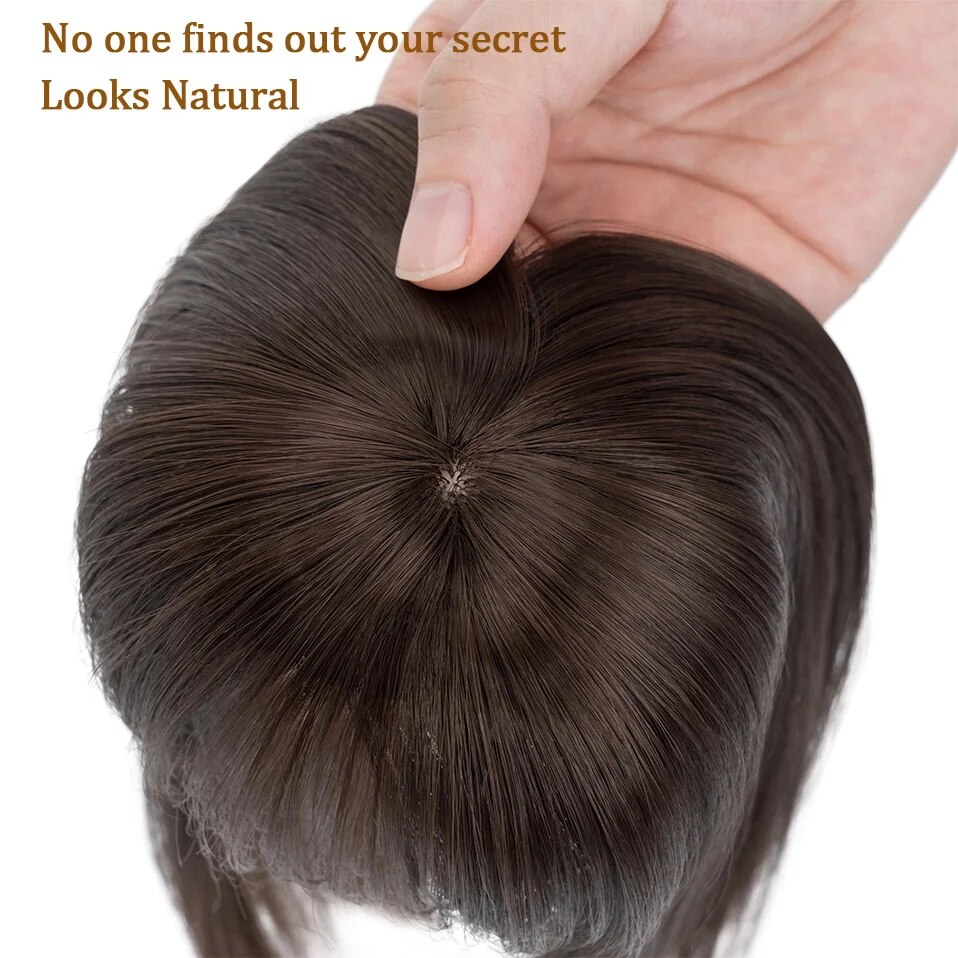 Benehair Synthetic Short Straight Hair Topper With Bangs Invisible 3D Hair Toupee For Women Hair Pieces Clip In Top Hair
