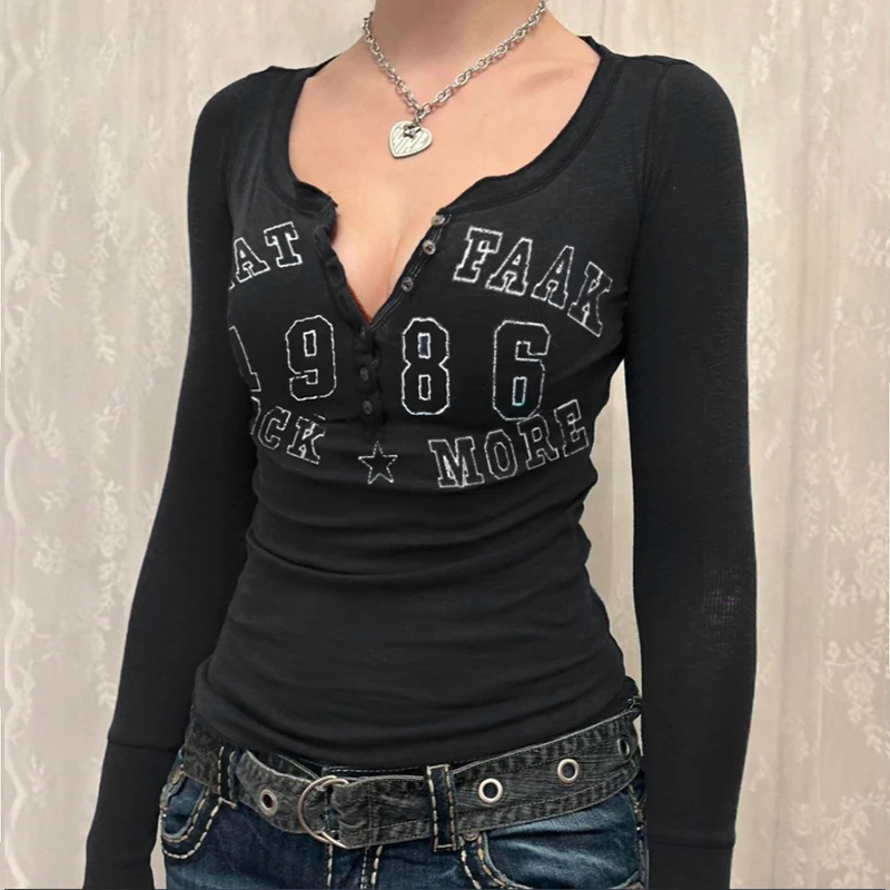 Letter Print  Sexy Tees Women Autumn Streetwear Long Sleeves O-Neck Slim Crop Top Fashion Button Casual Bodycon T-shirt Female
