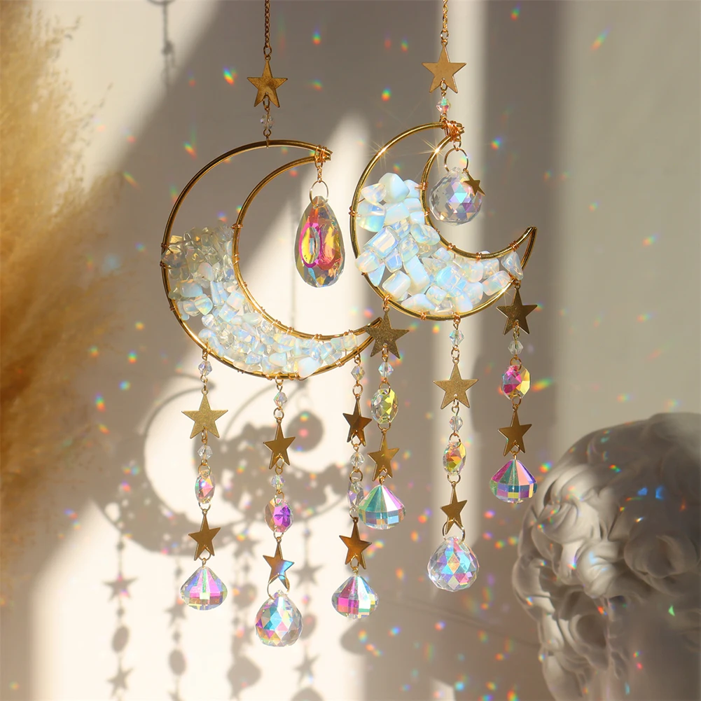 Hanging moon glass crystal suncatcher |holographic prism catcher for room window Window Decor Crystal Decor Crystal Prism