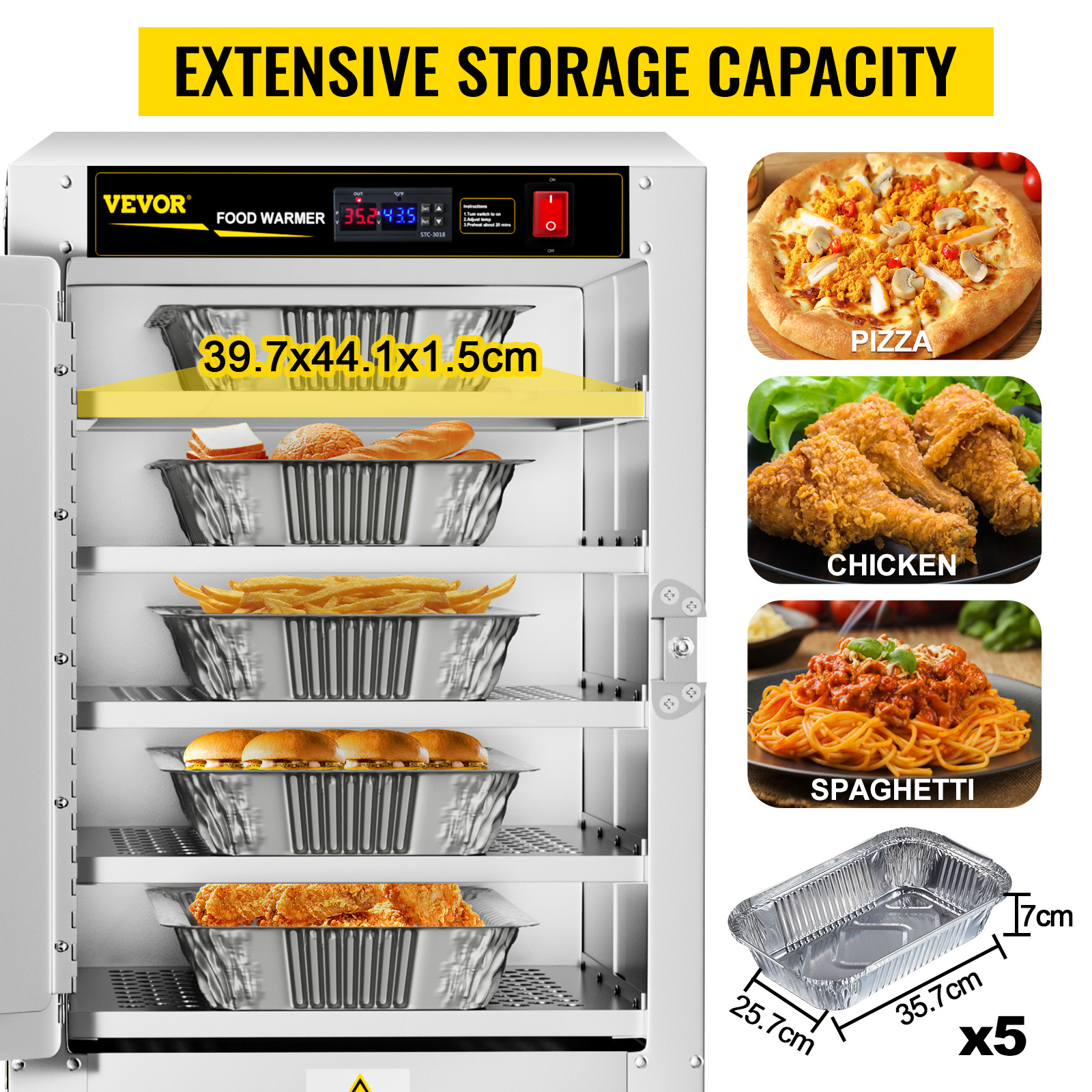 VEVOR hot box food warmer with multiple trays holding pizza, chicken, and spaghetti; extensive storage capacity.