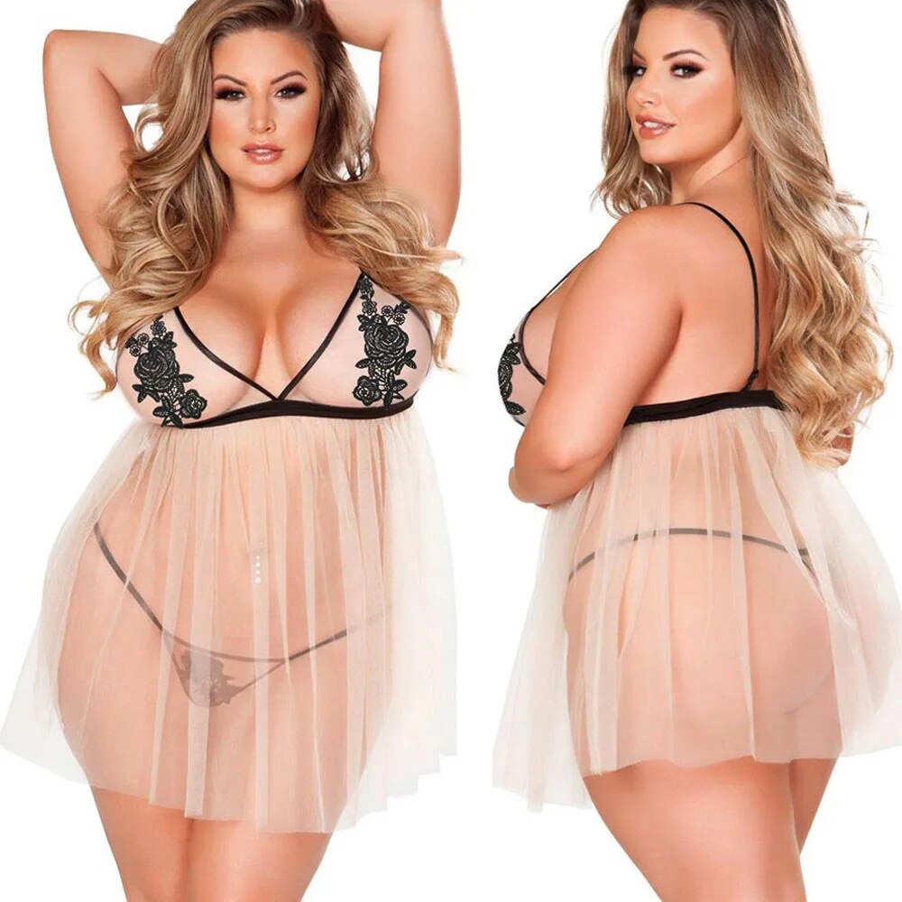 Plus Size Lingerie for Women Sleepwear Thong Embroidered Lace Babydoll See-through Nightgown Sexy Nightdress Underwear 5XL