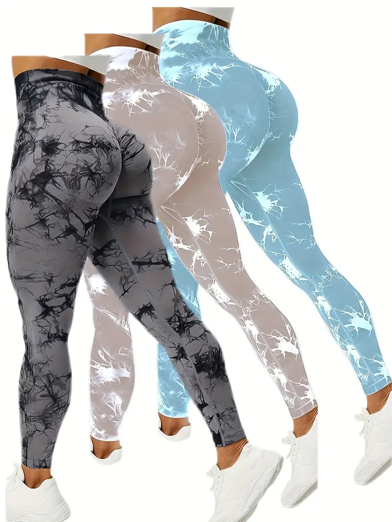 3pcs tie dye high waist sports leggings running workout fitness yoga tight pants womens activewear wide waistband details 26