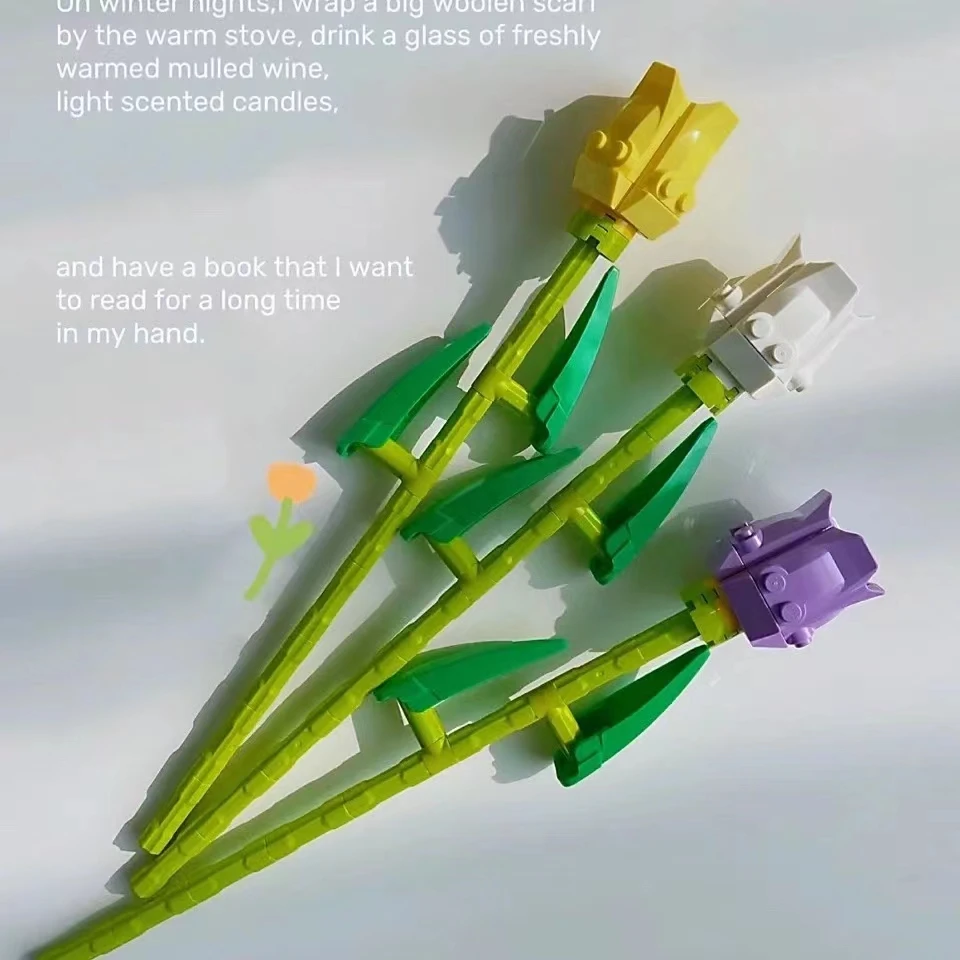 3Pcs Building Block Flower Bouquet Perpetual Tulip Model Home Decoration Plant Potted Assembly Bricks Valentine Kid Child Gifts