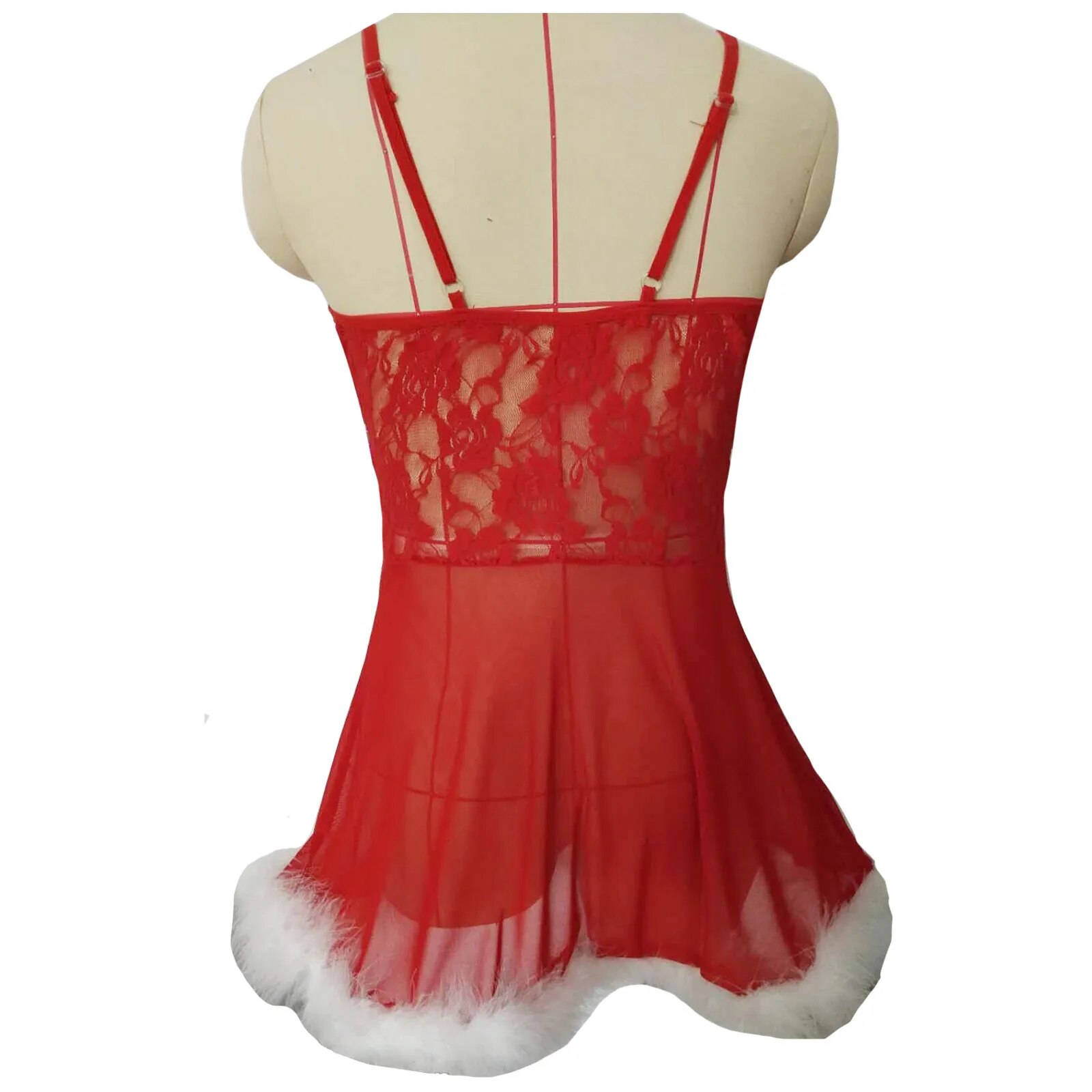 Plus Size Women Sexy Santa Lingerie Faux Fur Christmas Babydolls Feather Night Dress Lace-up Sleepwear Erotic Baby Dolls Pajamas