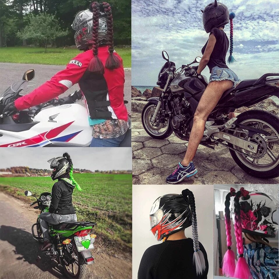 Benehair Helmet Pigtails Gradient Ramp Helmet Braids Ponytail Hair with Suction Cup with Bowknot for Motor Bike 1PCS 20inch
