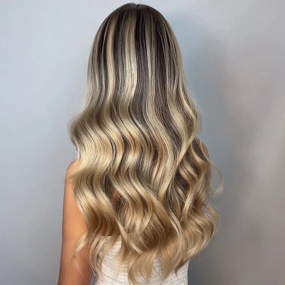 Ombre Brown Gold Highlight Synthetic Wig for Black Women Long Wavy Cosplay Wig with Bangs Natural Daily Heat Resistant Hair