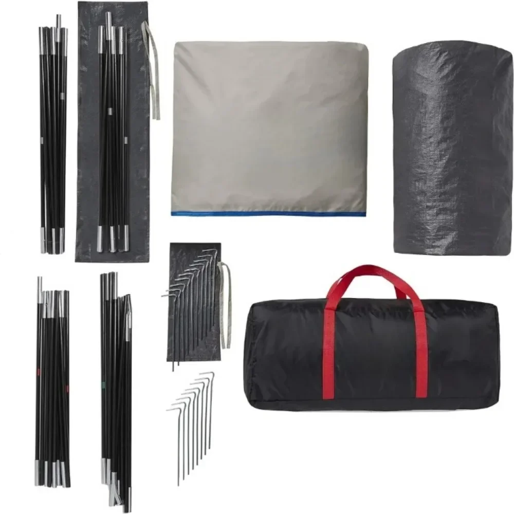 4/6 person windproof tent with enclosed shielded porch option, including rain flies, handbag, additional storage space