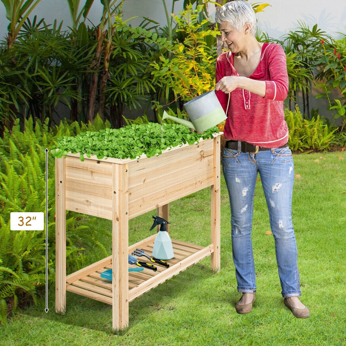 Wooden Outdoor Raised Garden Bed with Storage Shelf