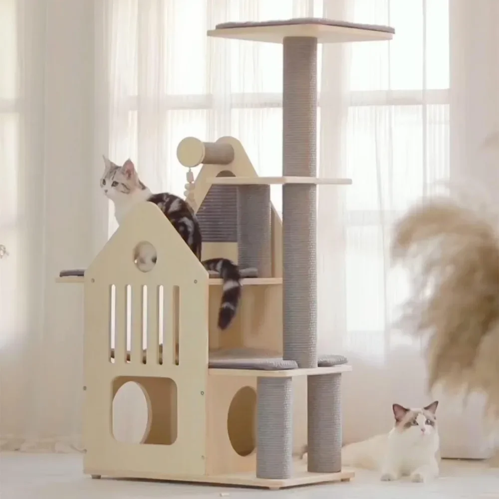 Wood Cat Tree for Indoor Cats,Cat Tree Tower with Cat Scratching Post,  with Mutil-Level Cat Houses,44.5 Inch Tall