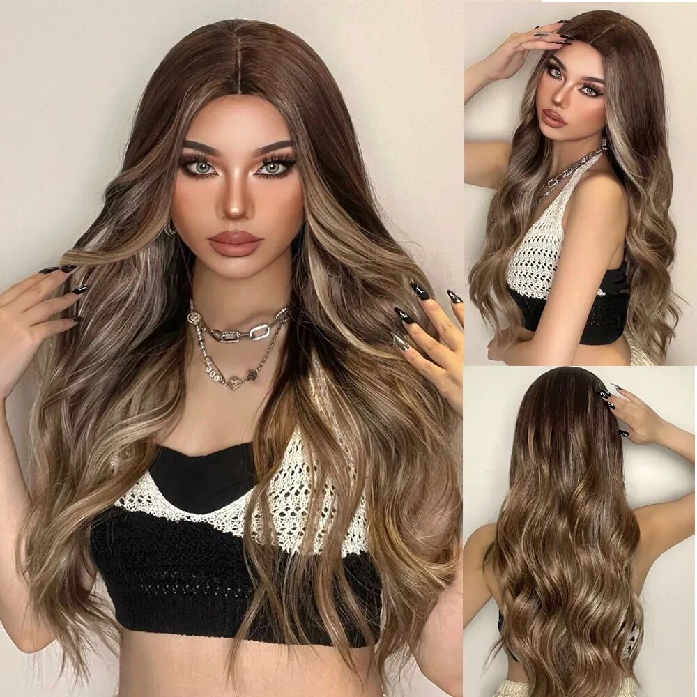 Ombre Brown Blonde Highlight Synthetic Wigs Natural Long Wavy Wig for Women Cosplay Daily Middle Part Hair Heat Resistant