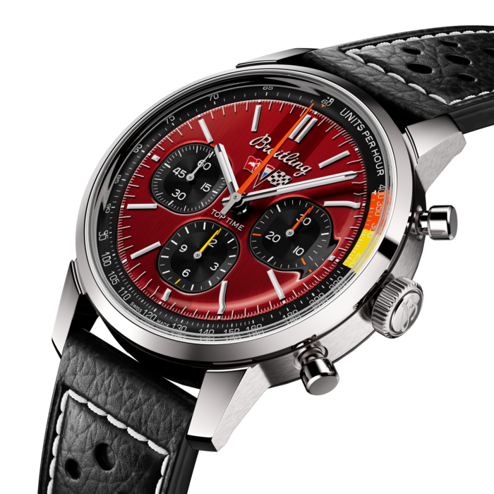 The 1960s was a decade of experimentation, fun, freedom and energy. Whether cruising on a motorcycle or revving up a sportscar, living life at full speed was the order of the day. Willy Breitling felt this change of pace and set out to design an unconventional chronograph that would capture the verve of era. He called it the Top Time.
That spirited tradition continues today with Breitling partnering with some of the coolest names in wheels to create its Top Time designs. 
The second-generation Chevrolet Corvette, from the 1963 to 1967 model years, is the most sought-after version of the American legend. The “Sting Ray,” as it was known, took inspiration from a 1959 racing-model prototype. For 60 years, it has captured the imaginations of car lovers around the world with its perfect combination of a low-profile body and a powerful engine that delivers performance whether on the road or on the track.
The Top Time B01 Chevrolet Corvette features the colors and emblem of its classic-car counterpart as well as a perforated leather racing strap, speed-measuring tachymeter scale and contrasting “squircle” (not quite square, not quite round) subdials that give the feel of vintage dashboard gauges. It also comes with a brag-worthy engine under the hood: the exceptional Breitling Manufacture Caliber 01.