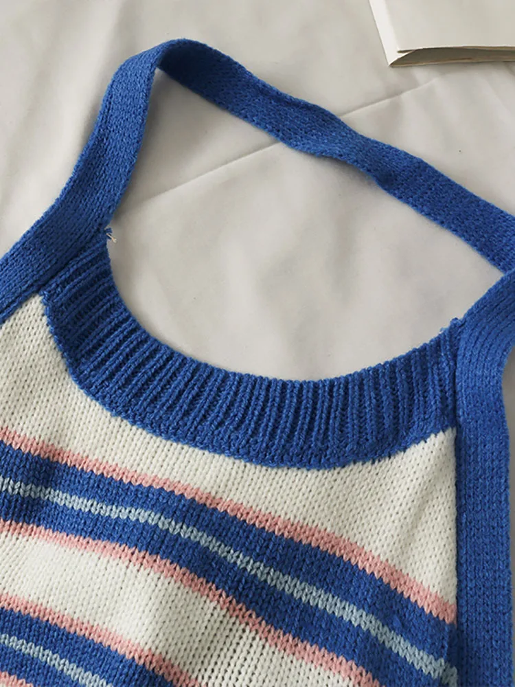 HELIAR Top Women Stripes Crop Tops Knitted Halter Y2K Tops Backless Bandage Round Neck Strappy  Sexy Crop Tops Women Summer 2023