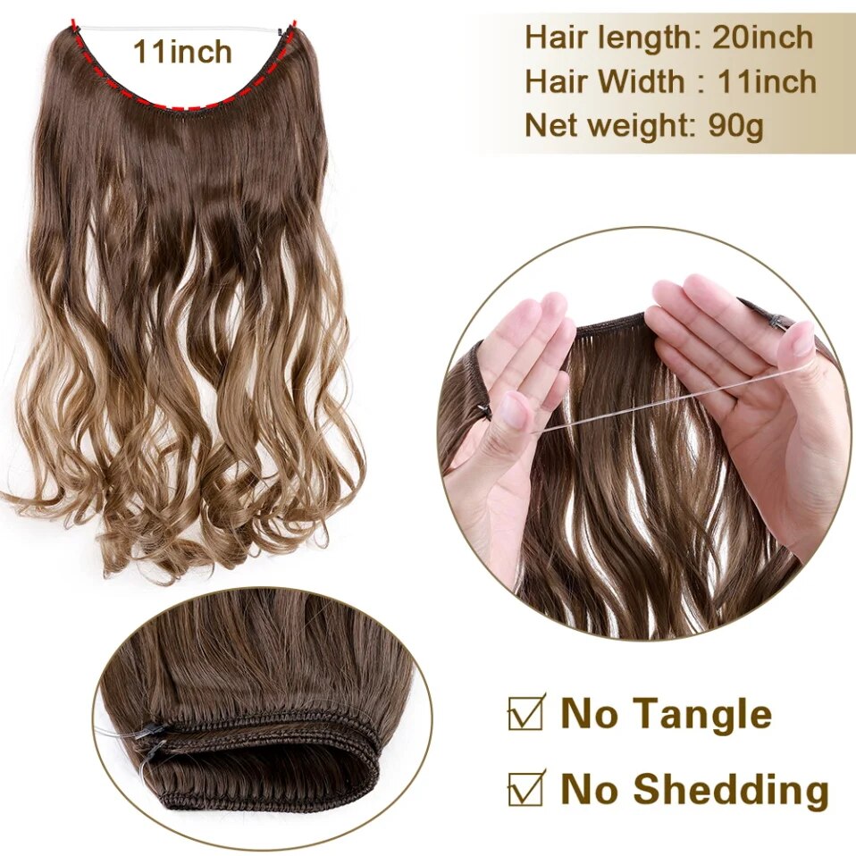 Synthetic Invisible Wire Hair Extensions with Transparent Fish Line Long Wavy Straight  Secret Adjustable Wire Hairpiece 20inch