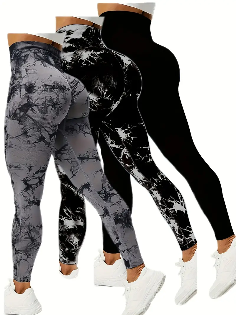 3pcs tie dye high waist sports leggings running workout fitness yoga tight pants womens activewear wide waistband details 41