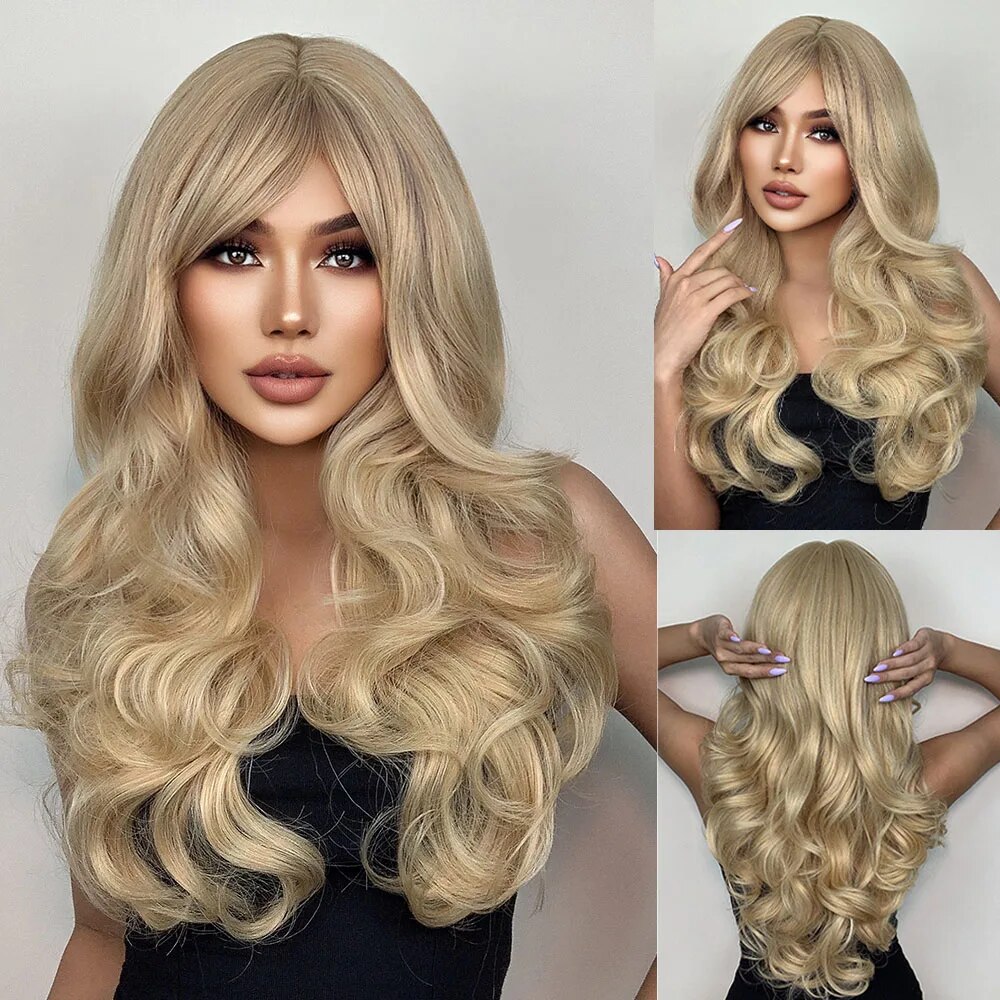 HENRY MARGU Synthetic Ombre Platinum Blonde Wig Long Wavy Wig with Bangs for Women Cosplay Party Heat Resistant Fake Hair Wig