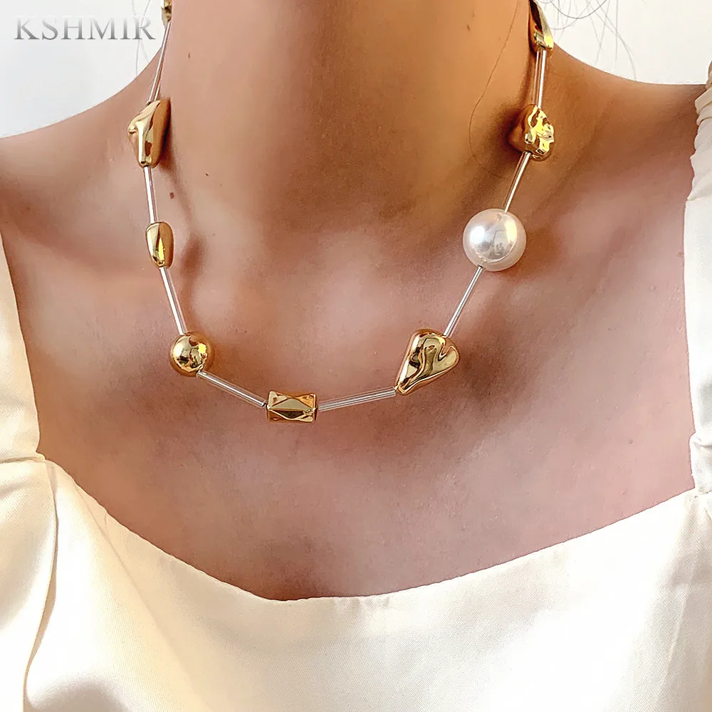Korean style unique design sense of irregular metal pearl stitching necklace personality men and women collarbone chain choker