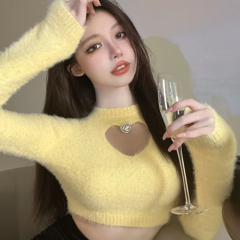 Women's Tops Love Hollow Out Slim Sexy Long Sleeves Sweater Solid Color