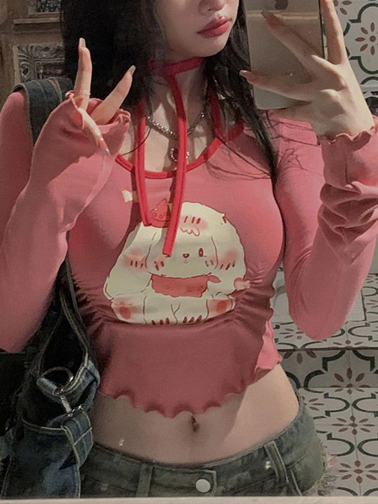 Cartoon Graphic Print T-shirt Women Spring Long Sleeve Halter Bandage Crop Top Korean Fashion Sweet Cute Slim Fit Y2K Streetwear