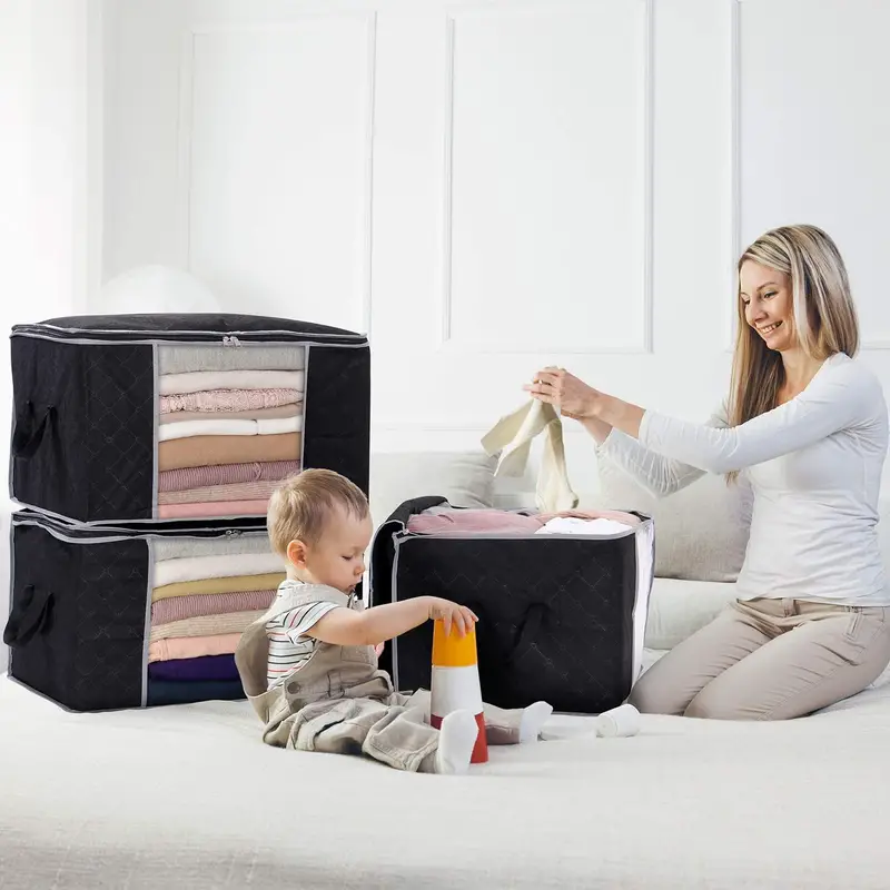 90l large storage bags 3 pack closet organizers and storage clothes foldable storage bins with reinforced handles storage containers for clothing blanket comforters toys bedding grey details 7