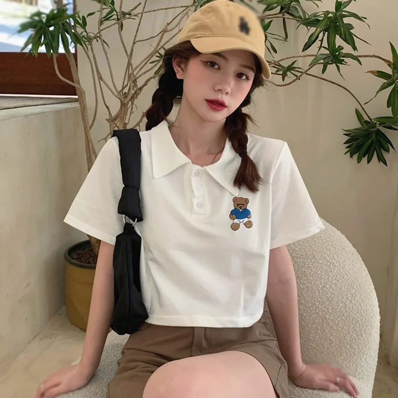 Summer Women'S Loose-Fitting Neck Embroidered Bear Croptop Long-Sleeve T-Shirt Fashion Casual Short Tshirts for Girls Ladies