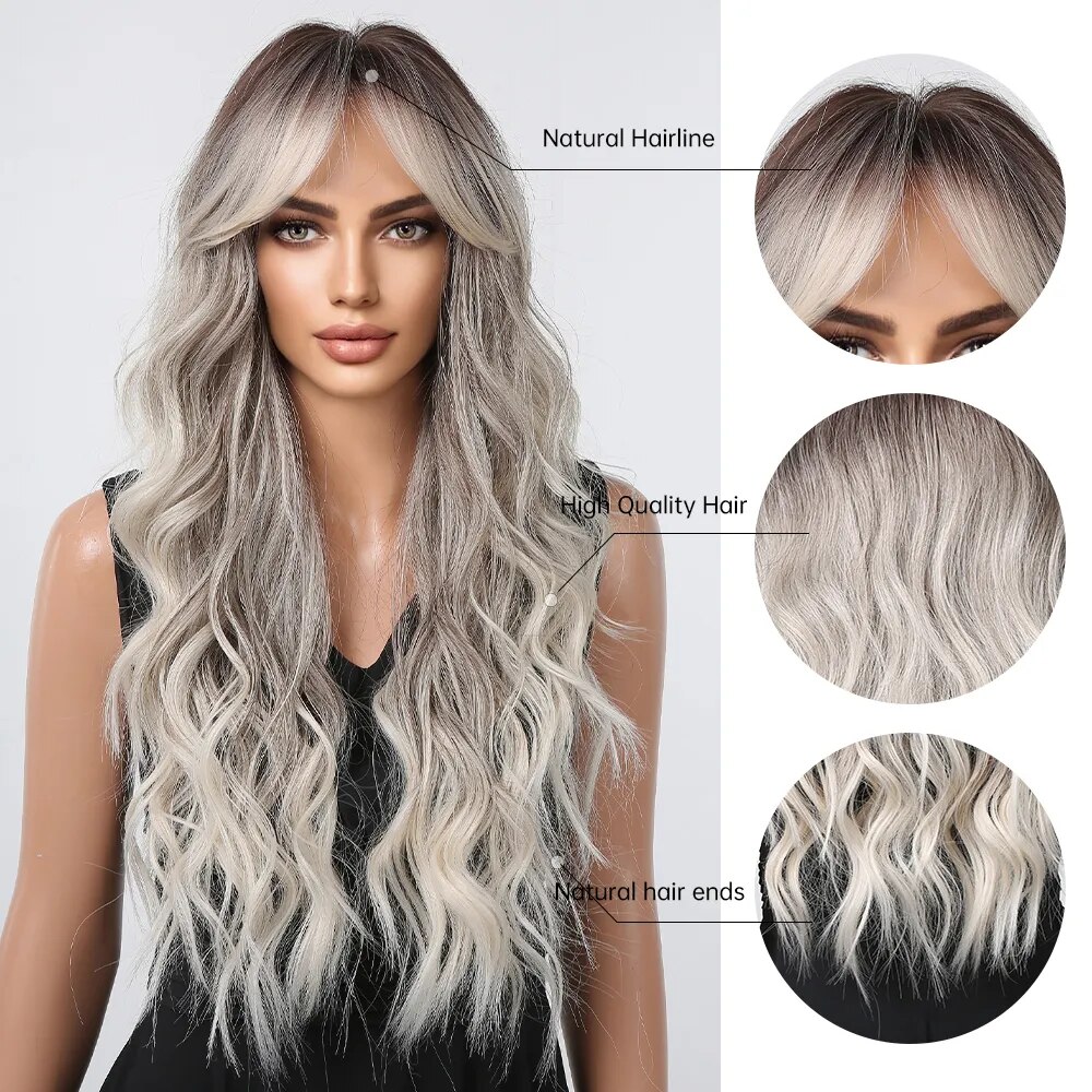 Black Ombre Blonde Platinum Wave Synthetic Wigs Long Grey Ash Hair Wigs for Women Daily Cosplay Party Heat Resistant Wig