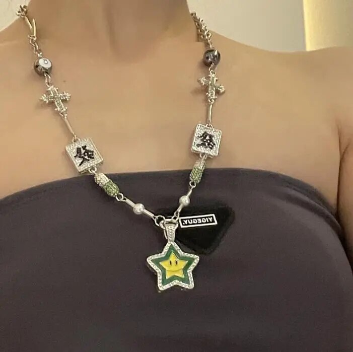 rhinestone -studded fortune cross lucky star necklace couple men and women tide street hip-hop punk neck chain