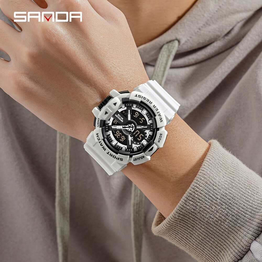 SANDA New Men's Watches Dual Display Sports Military 50M Waterproof Digital Watch Quartz Wristwatch Clock Relogio Masculino 3128