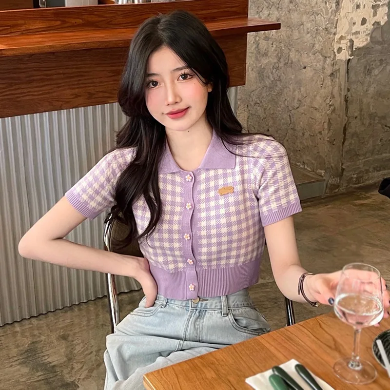 Women's Short Sleeves Cardigan Single-breasted Lapel Short Knitted T-shirt