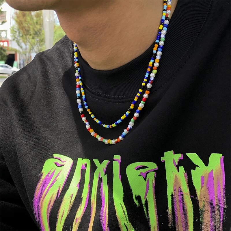 Hip Hop Fashion Male Personality Colorful Rice Beads Beaded Necklace Boho Men Resin Necklace Party Gift Jewelry