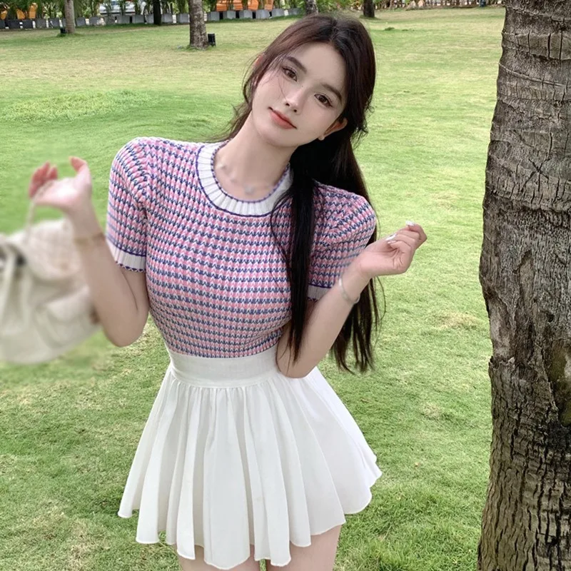 Women O neck girl style short slim knit short sleeved T-shirt top