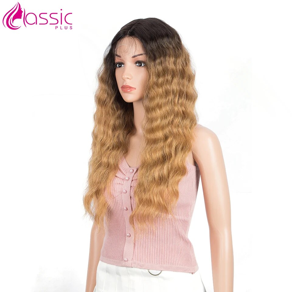 Classsic Plus Long Synthetic Wig High Quality 28 inch Wavy Natural Hair Ombre Blonde Lace Wigs Cosplay Female wig for Women
