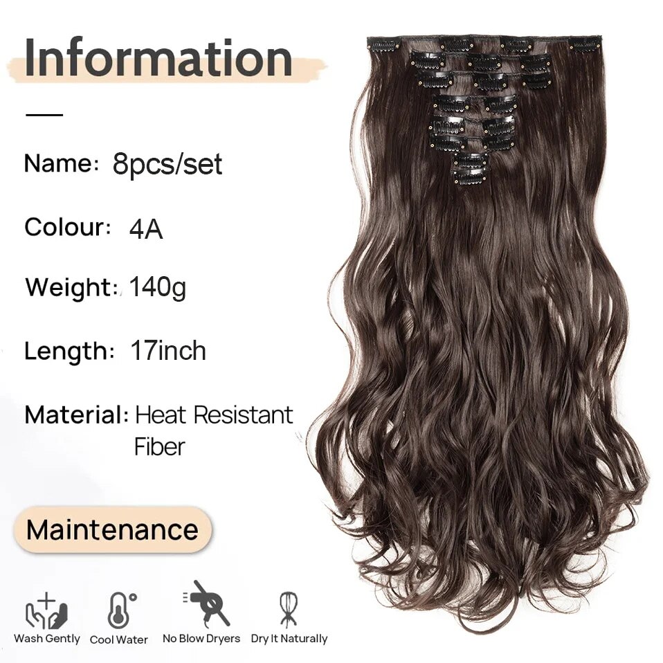 BENEHAIR Clip in Hair Extensions 17 Inch 8PCS Long Wavy Synthetic Hair Extensions Clip ins Weft Hair Clip Extensions for Women