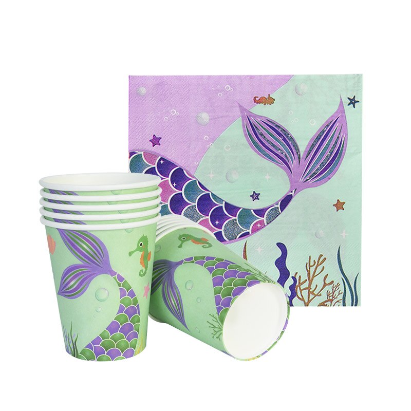 1Set Mermaid Party Disposable Tableware Napkin Plates Cups Banner Baby Shower Favor Girls Birthday Party Decoration