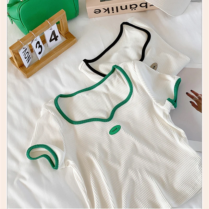 HELIAR Women Knitted V-neck Sexy Crop Tops Casual Patchwork Short Sleeve Slim Fit Sweet Shirts Y2K Summer Tops