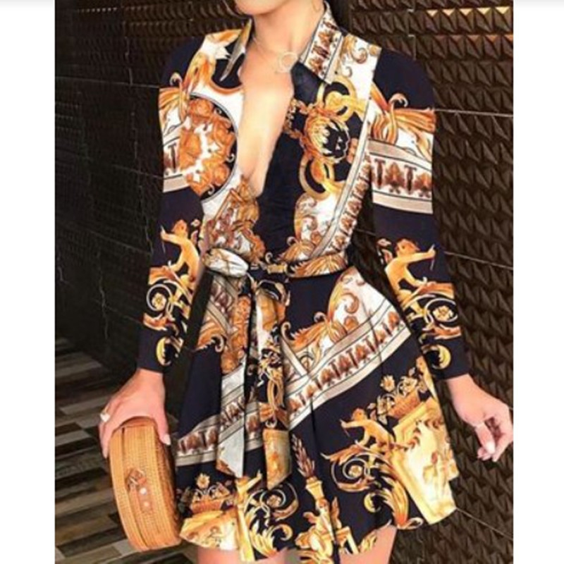 Y2K V-neck sexy dress 2022 European and American summer new chain long-sleeved V-neck lace fashion sexy print dress ins tide