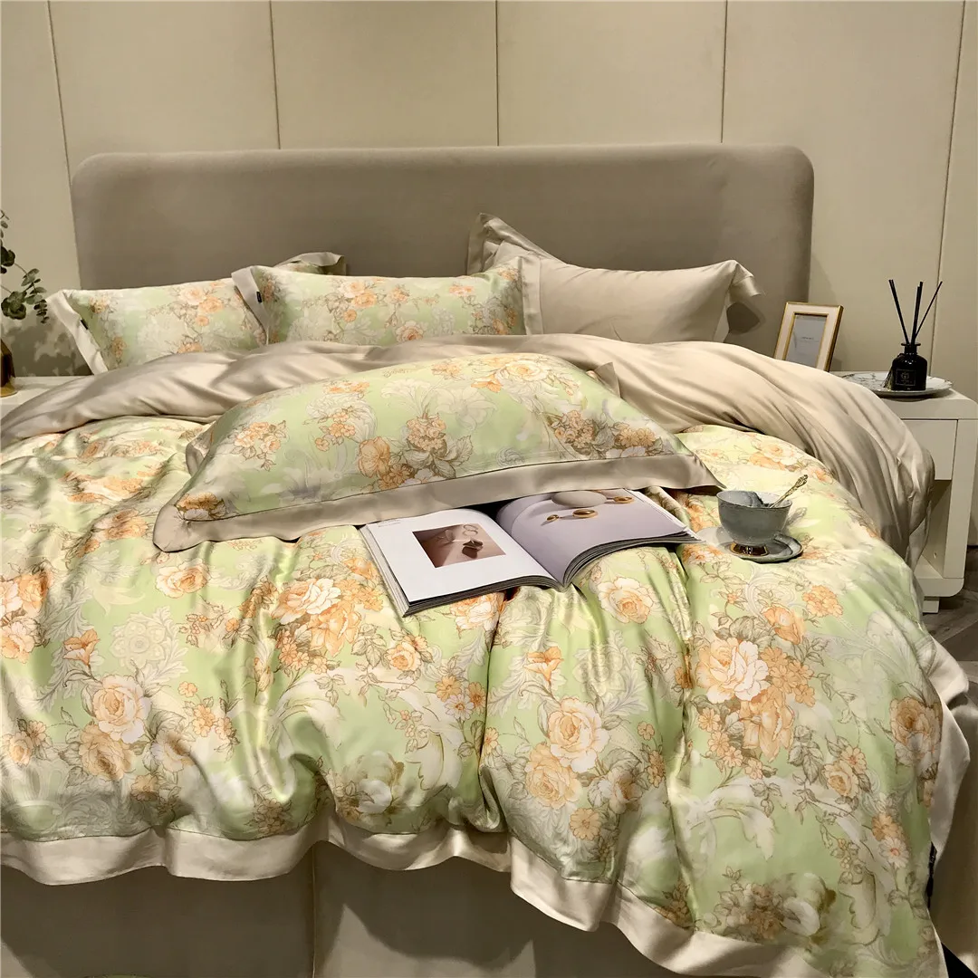 2023 new four-piece bedding simple cotton double household bed sheet quilt cover embroidered comfortable lemon yellow gray color