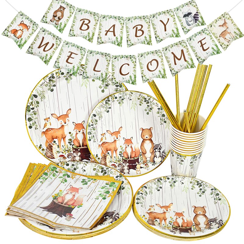 Woodland Animal Disposable Tableware Wild Forest Bear Fox Plate Cup Napkin Jungle Safari Baby Shower Happy Birthday Party Decor