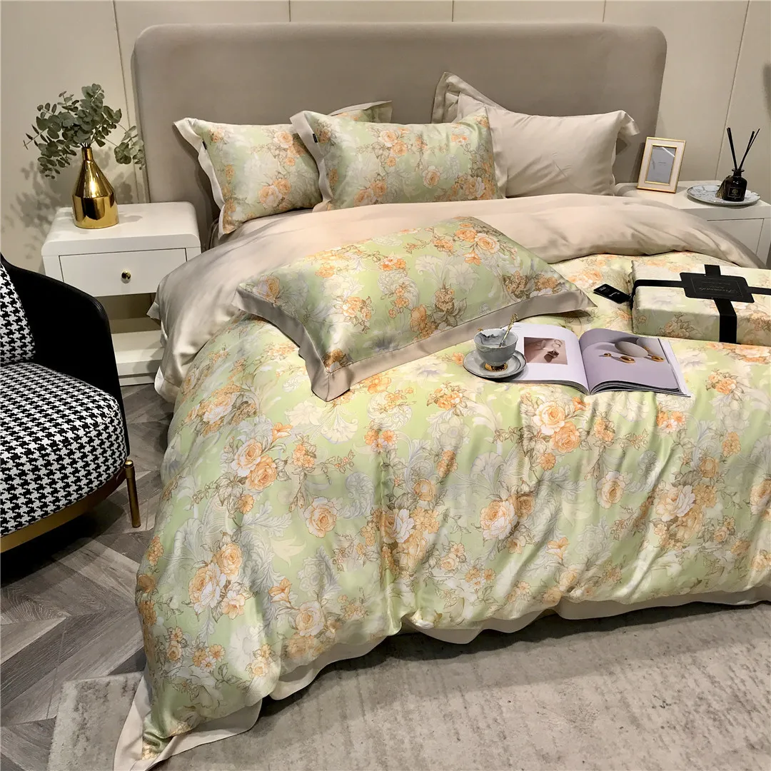 2023 new four-piece bedding simple cotton double household bed sheet quilt cover embroidered comfortable lemon yellow gray color