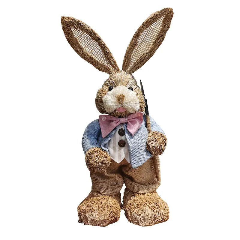 4PCS  Year Easter Straw Easter Rabbit Decoration with Clothes Happy Easter Home Garden Wedding Ornament Photo Props Crafts Bunny