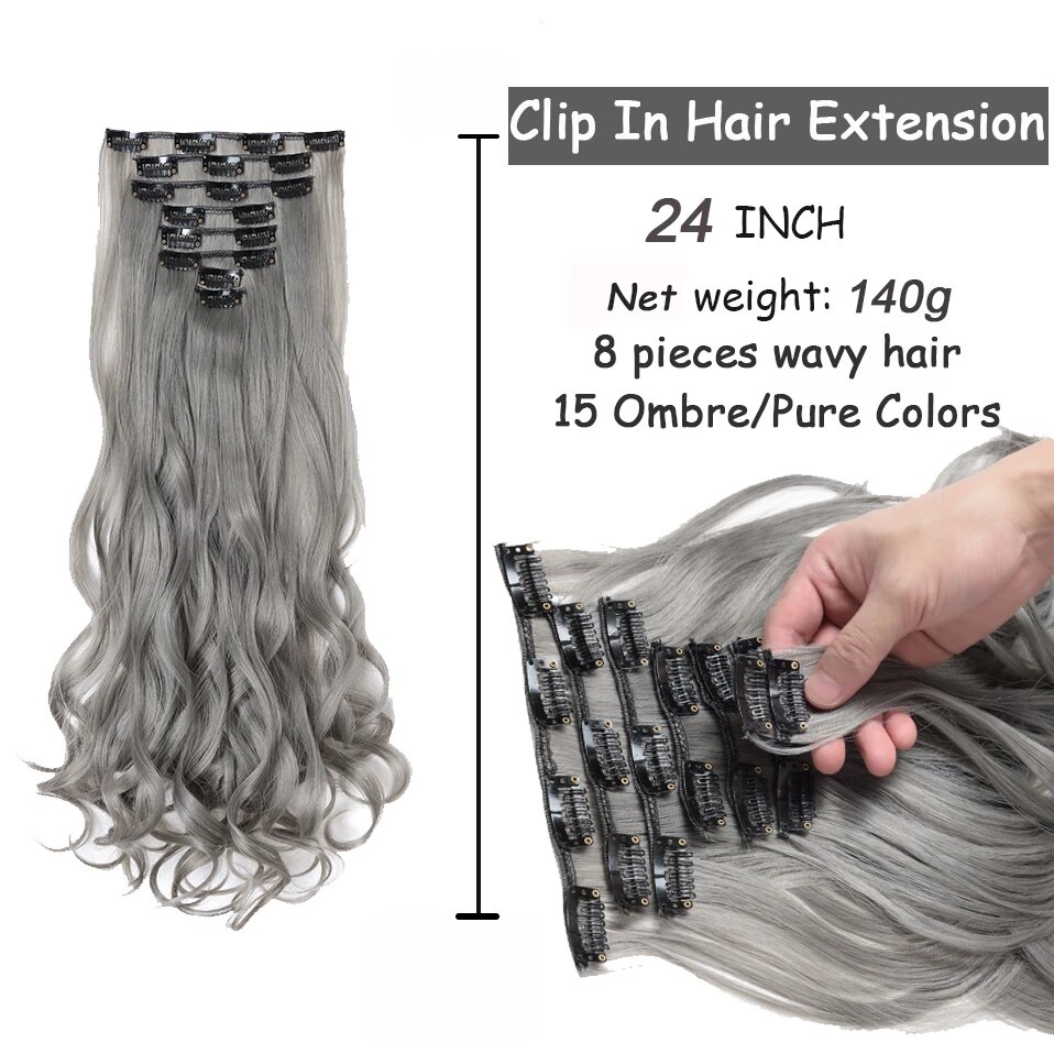 Benehair 24'' 8pcs Long Wavy Synthetic Clip In Hair Extensions Wave Black Purple Blonde Hairpieces For Women 2021 New Hair Fiber