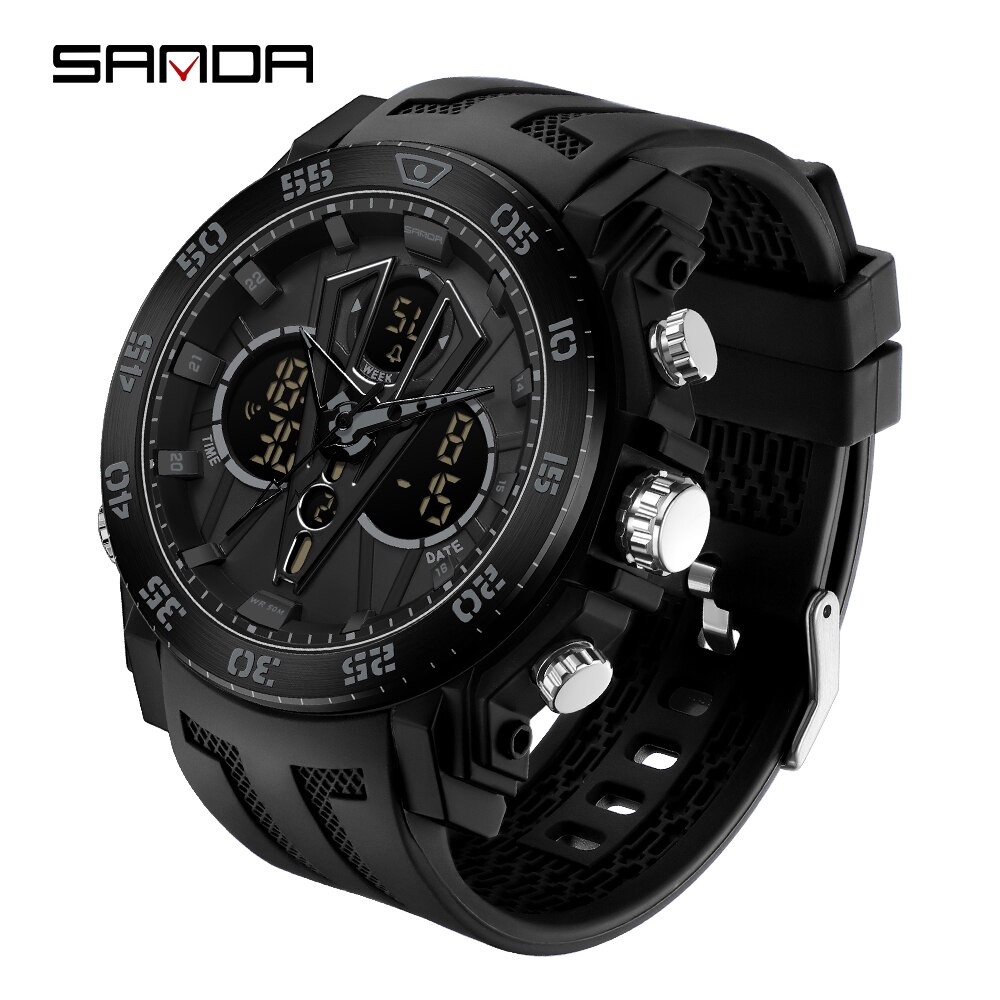 SANDA Brand Men Watches Dual Display LED Digital Quartz Wristwatch 50M Waterproof Sports Military Watch Relogios Masculino 6105