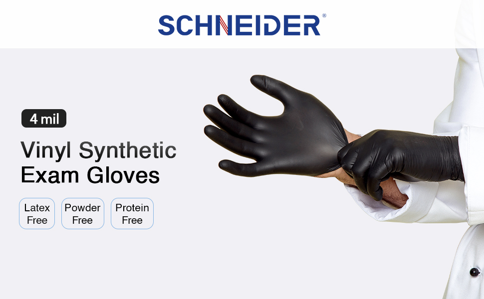 Schneider VSFK31 Black Disposable Vinyl Synthetic Exam Gloves: Latex Free, Powder Free, Protein Free