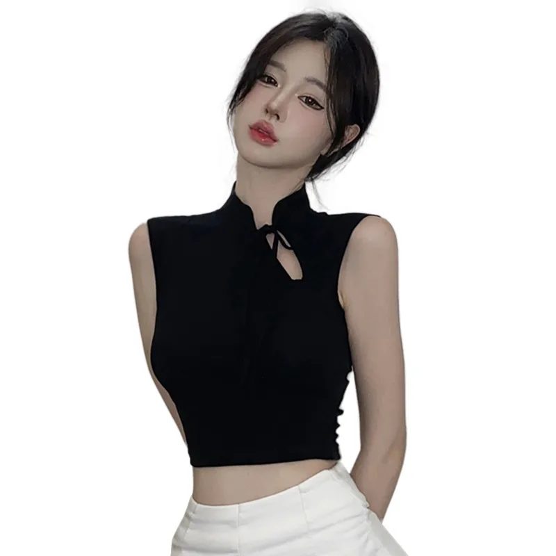 Girls' Korean Version Diagonal Neckline T-shirt Short Sleeved Hollow Out Lace Up Slim Fitting Sexy Navel Revealing Vest Top