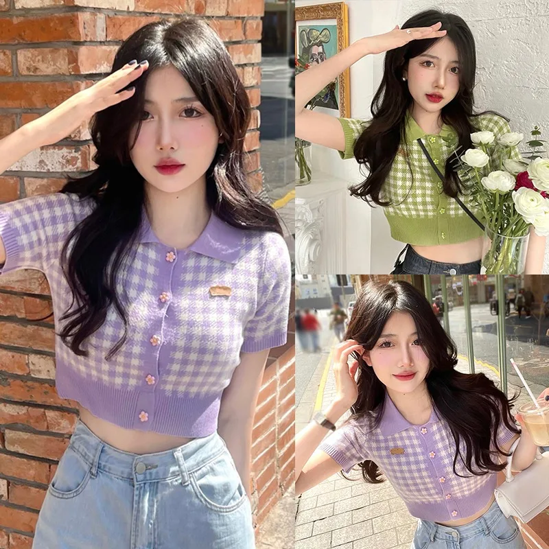 Women's Short Sleeves Cardigan Single-breasted Lapel Short Knitted T-shirt