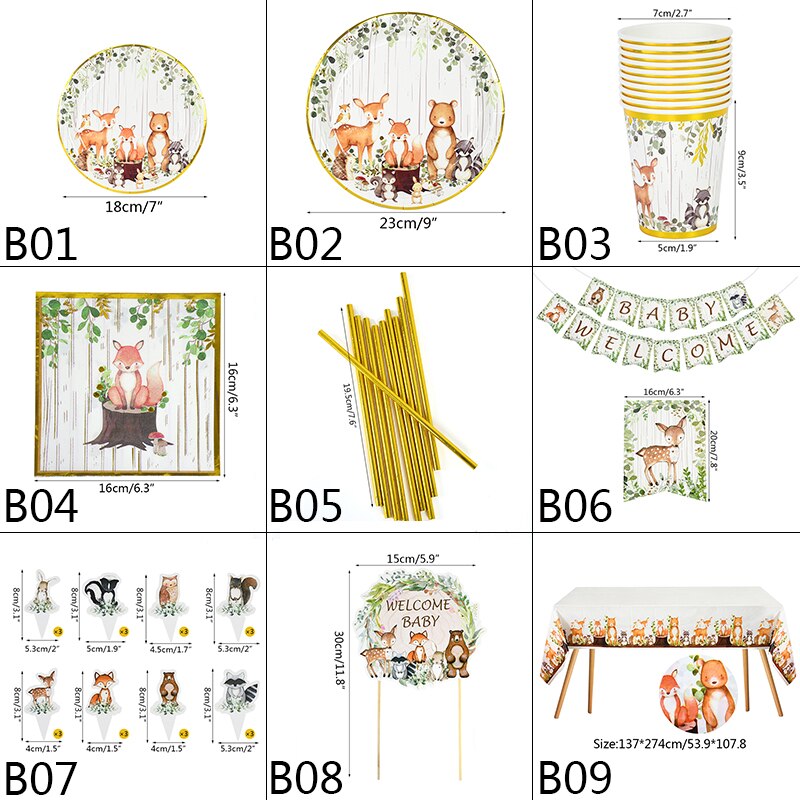 Woodland Animal Disposable Tableware Wild Forest Bear Fox Plate Cup Napkin Jungle Safari Baby Shower Happy Birthday Party Decor